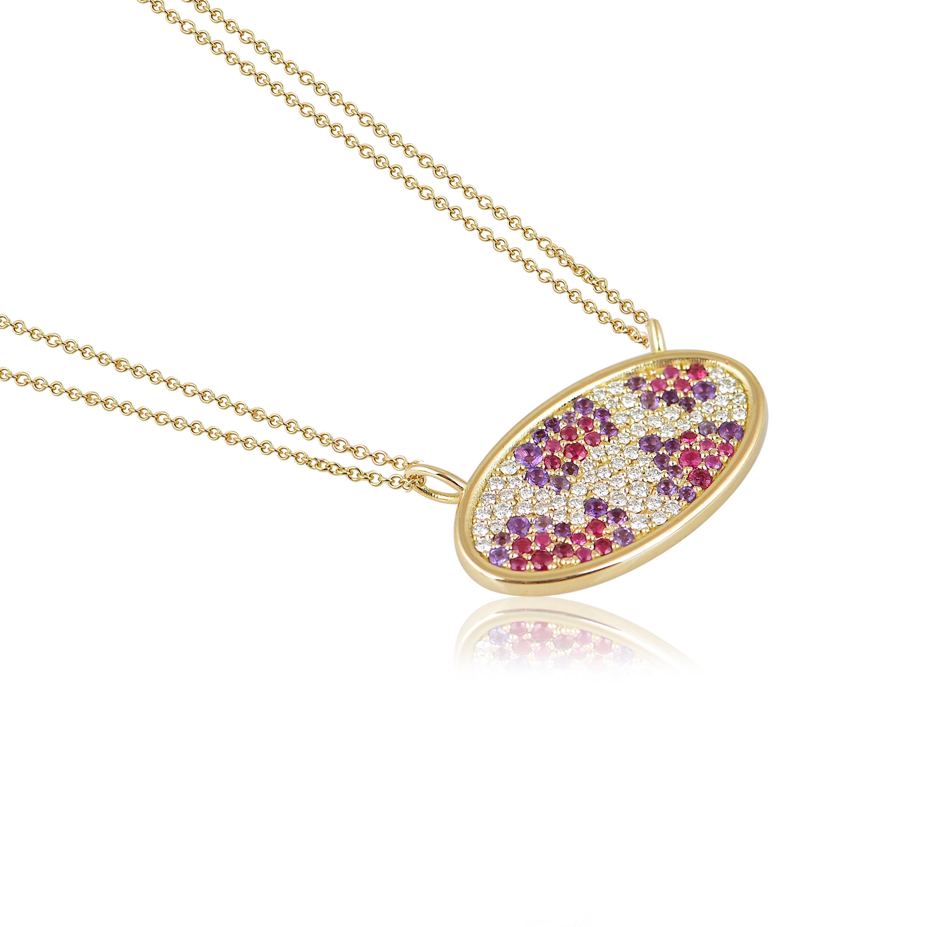 Designer: Alexia Gryllaki

Dimensions: motif 23x13mm, double-chain 800mm (half when folded)
Weight: approximately 5.9g 
Barcode: NEX2004


Leopard print oval pendant in 18 karat yellow gold with a double-chain and mosaic pavé made of round brilliant