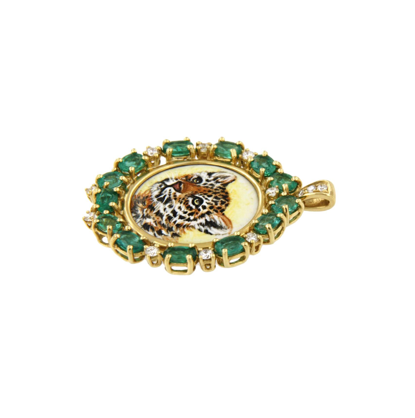 Artist Leopard Cub Animal Emerald and Diamond Pendant For Sale