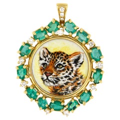 Leopard Cub Animal Emerald and Diamond Pendant