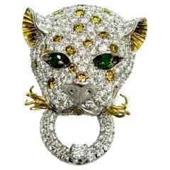 Retro Leopard Diamond Emerald White & Yellow Gold Brooch