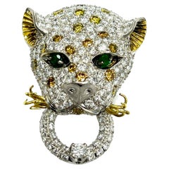 Leopard Diamond Emerald White & Yellow Gold Brooch