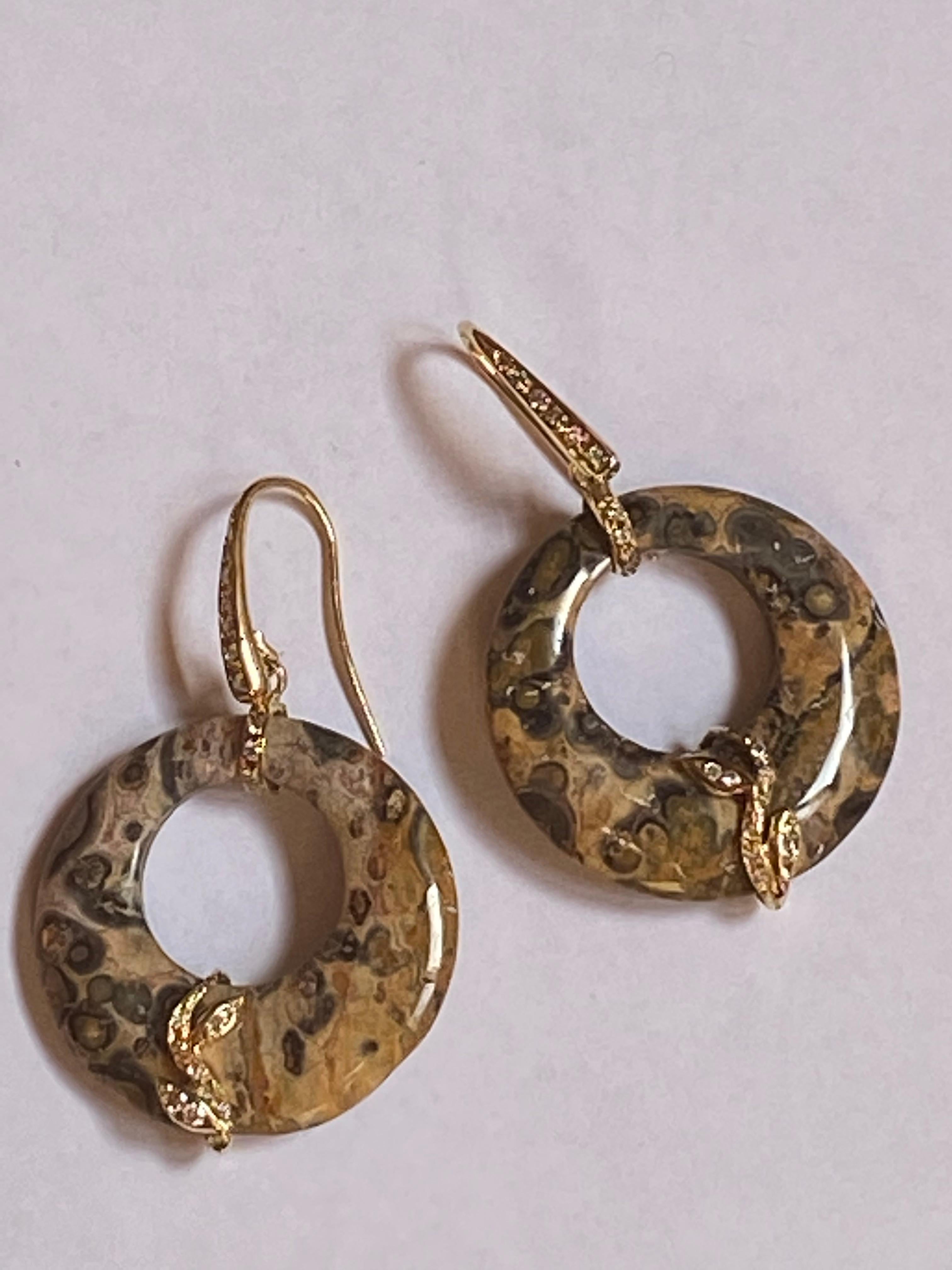 Leopard Jasper 18k Yellow Gold 0.36 Carat Diamonds Unique Piece Dangle Earrings For Sale 7