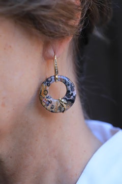 Pendientes Oro Amarillo 18k Jaspe Leopardo Disperso 0,36 Quilates Diamantes Champagne