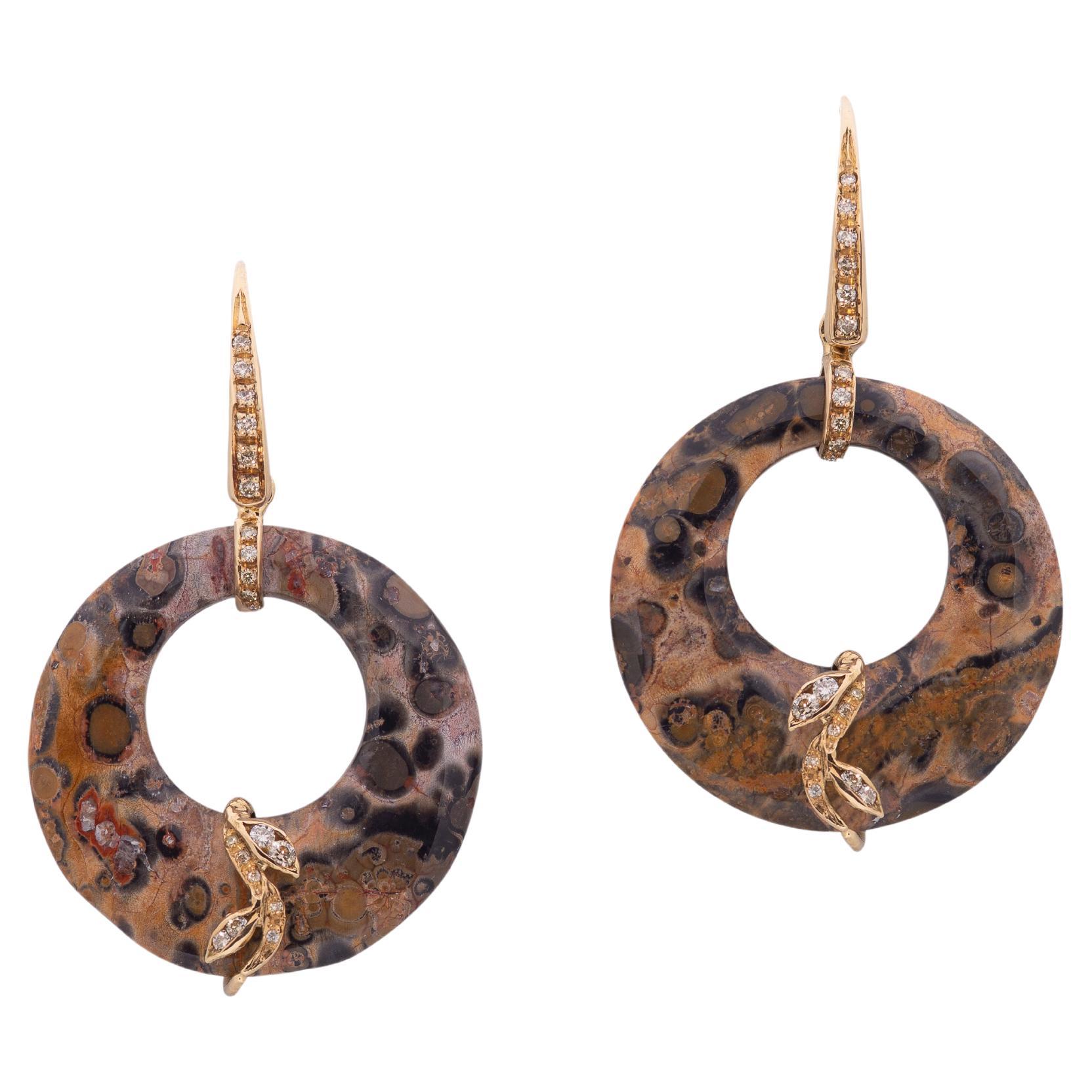Leopard Jasper 18k Yellow Gold 0.36 Carat Diamonds Unique Piece Dangle Earrings For Sale