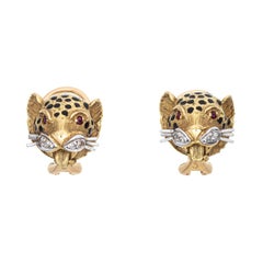 Leopard Earrings Vintage 18k Yellow Gold Diamond Ruby Eyes Black Enamel Animal