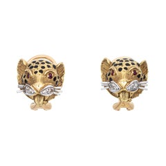 Leoparden-Ohrringe Vintage 18k Gelbgold Diamant-Rubin-Augen Schwarz Emaille Tier