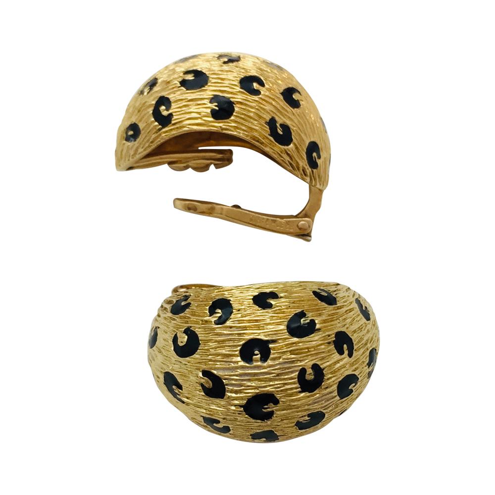 Contemporary Leopard Fred Earrings, Yellow Gold and Black Enamel Spots