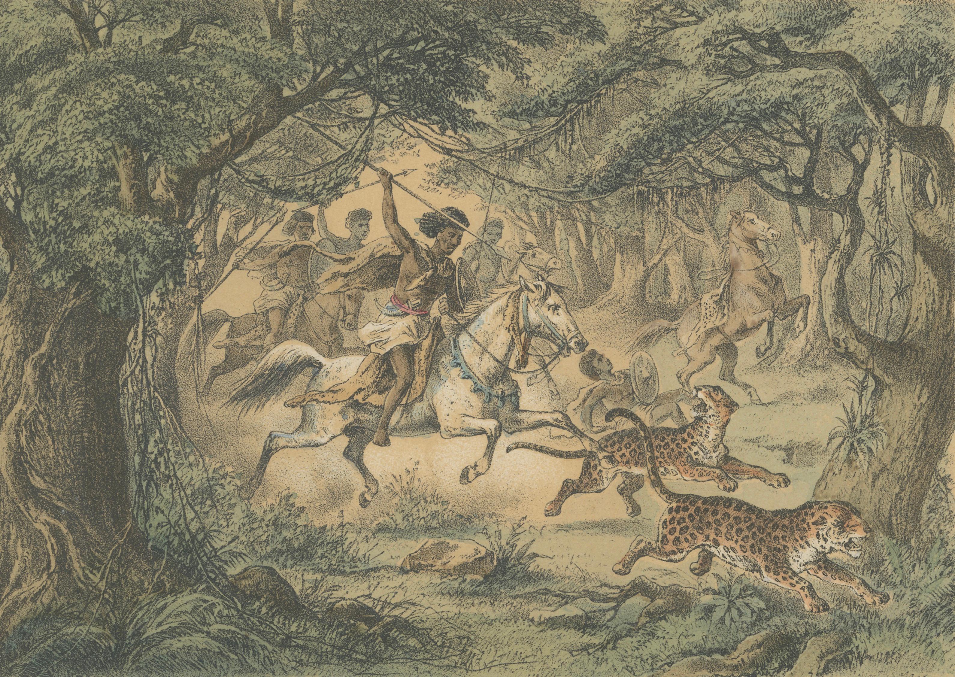 Leopard Hunt in the Jungle – Antique Wildlife Adventure Lithograph, 1883