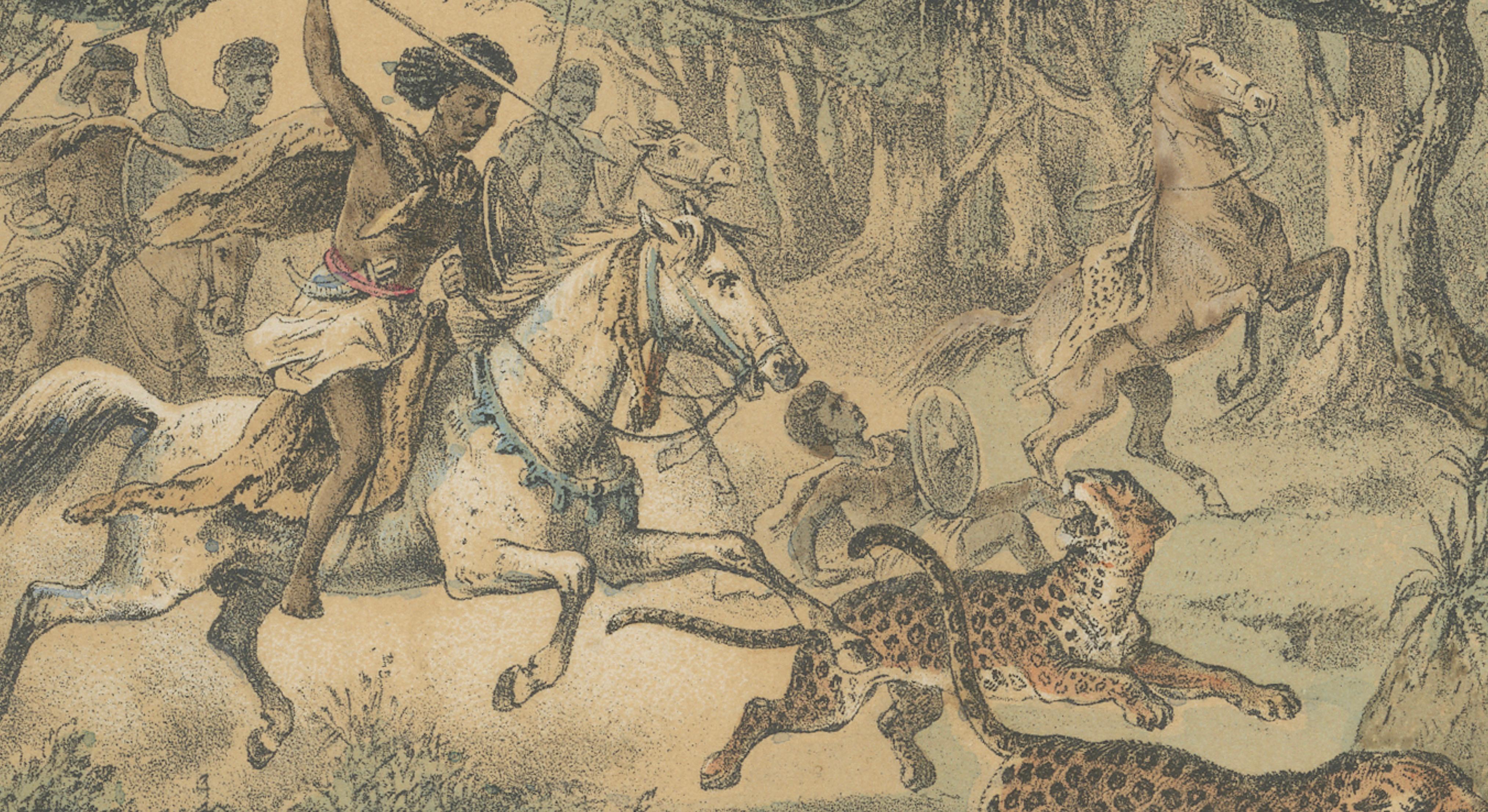 Leopard Hunt in the Jungle – Antique Wildlife Adventure Lithograph, 1883