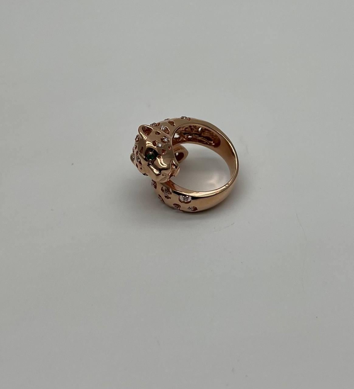 Leopard Jaguar Panther Lion Diamond Emerald 14K Rose Gold Statement Animal Ring In New Condition For Sale In Oakton, VA