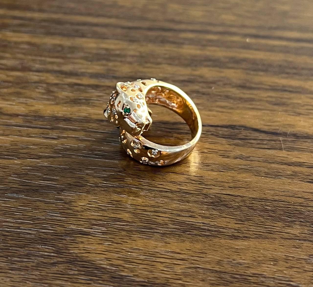 Women's Leopard Jaguar Panther Lion Diamond Emerald 14K Rose Gold Statement Animal Ring For Sale