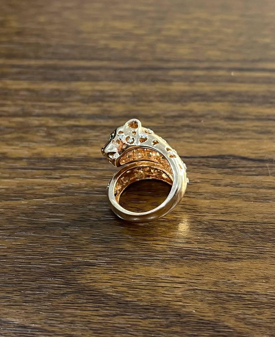 Leopard Jaguar Panther Lion Diamond Emerald 14K Rose Gold Statement Animal Ring For Sale 3