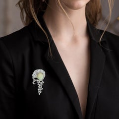 Leopard Opal Diamond Sapphire Emerald Brooch in 14K White Gold