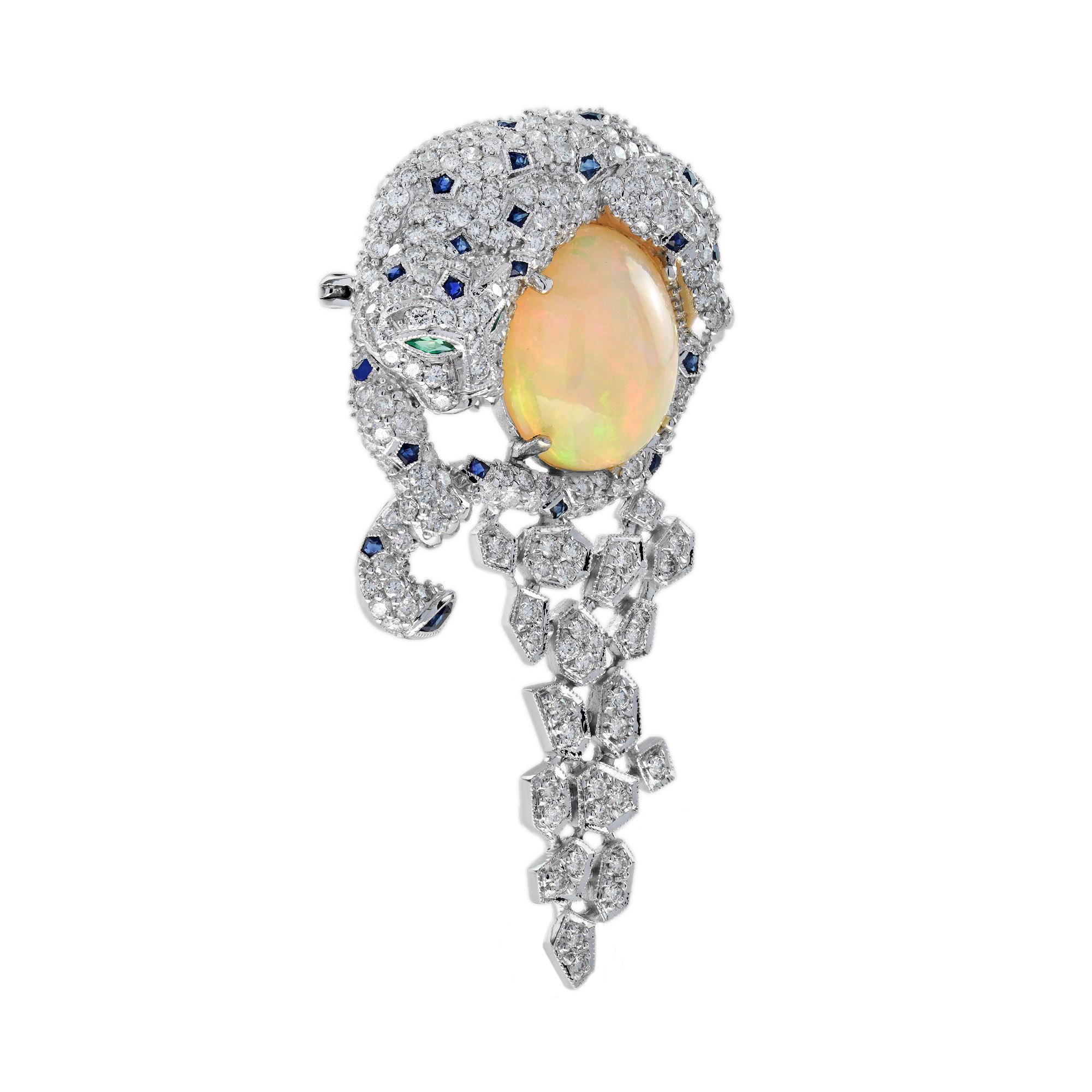 Art Deco Leopard Opal Diamond Sapphire Emerald Brooch in 14K White Gold