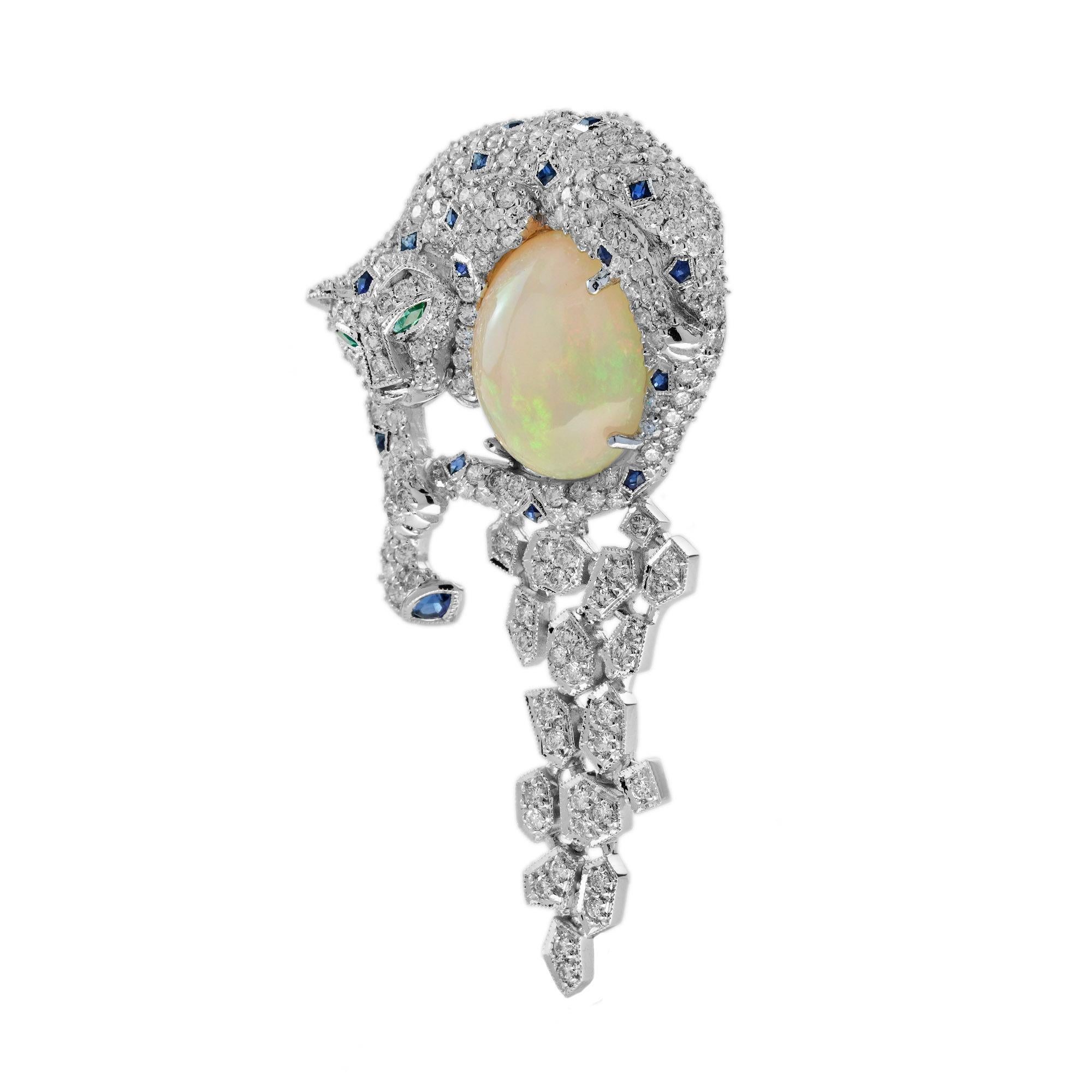 Oval Cut Leopard Opal Diamond Sapphire Emerald Brooch in 14K White Gold