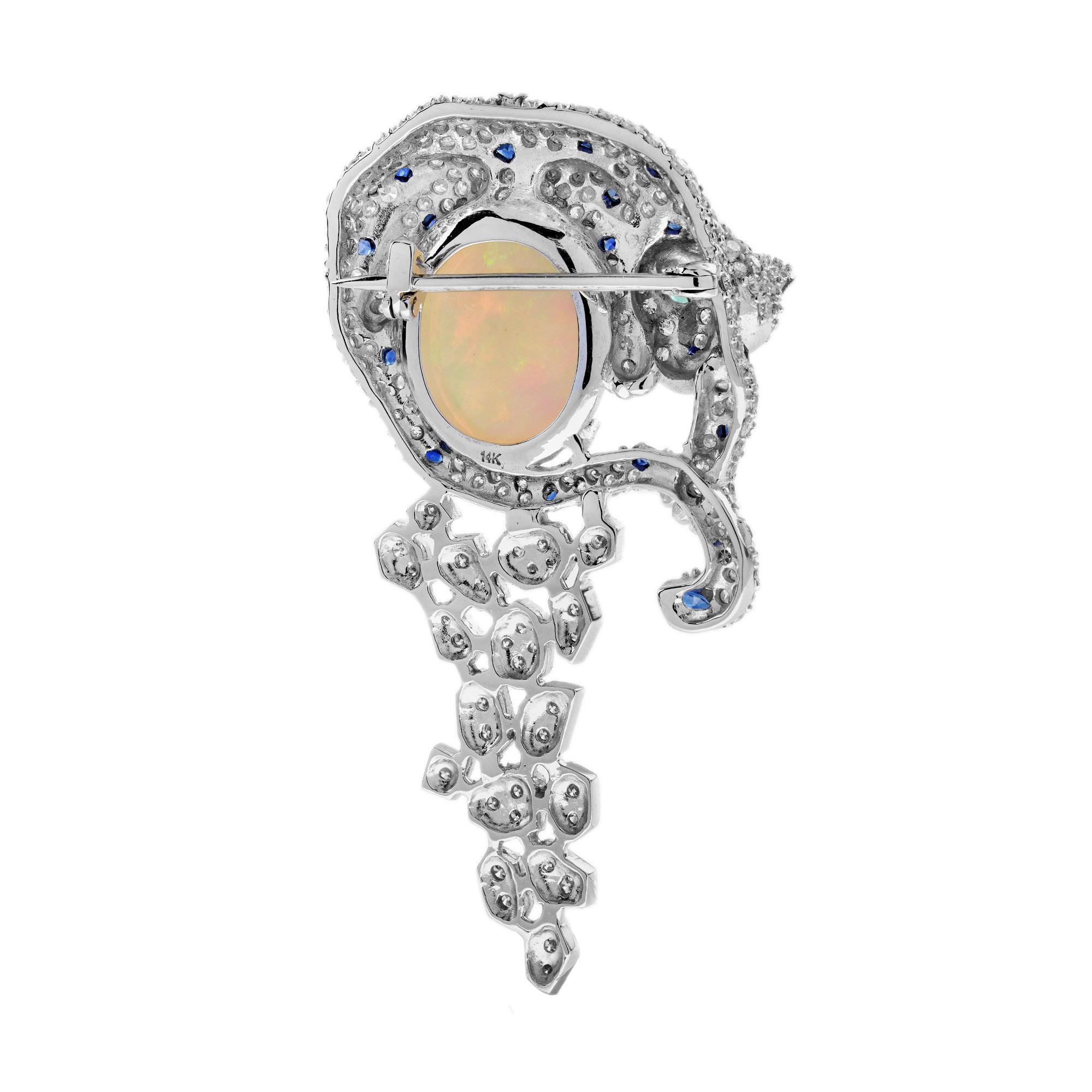 Leopard Opal Diamond Sapphire Emerald Brooch in 14K White Gold In New Condition In Bangkok, TH