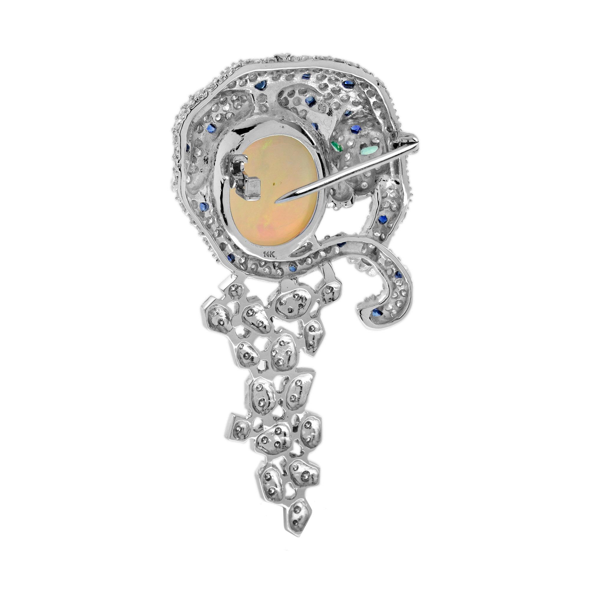 Women's Leopard Opal Diamond Sapphire Emerald Brooch in 14K White Gold