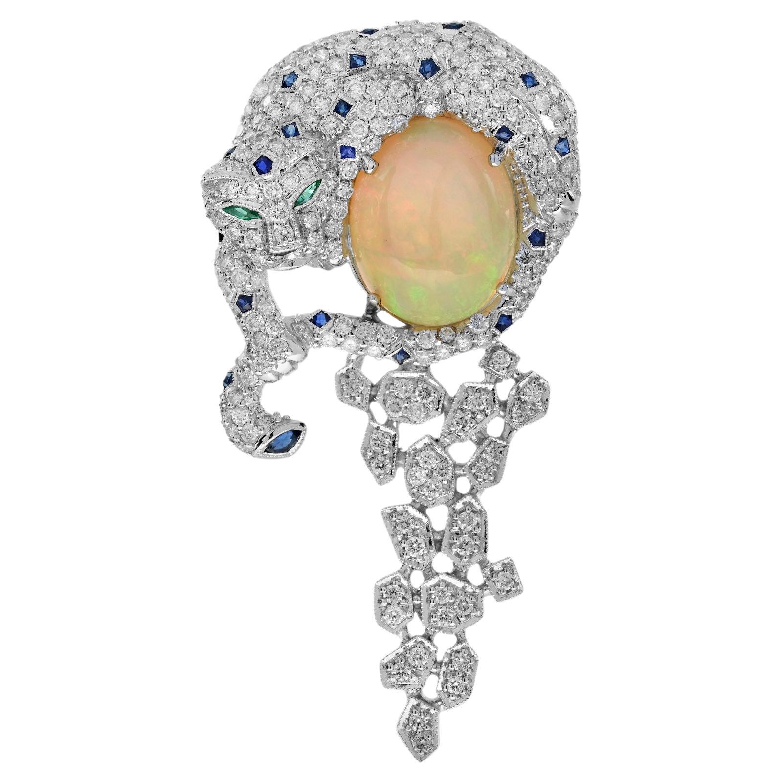 Leopard Opal Diamond Sapphire Emerald Brooch in 14K White Gold