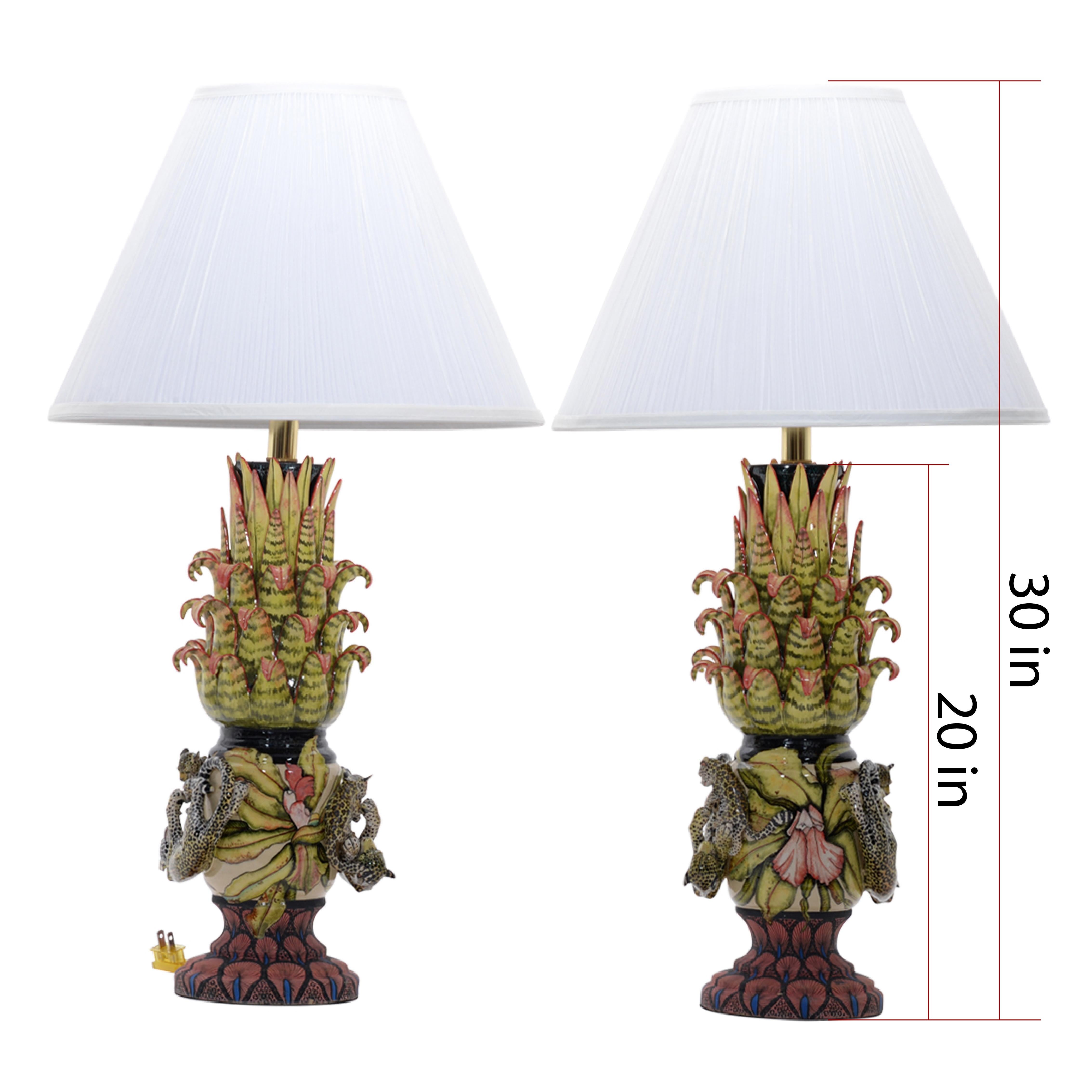 Leopard pair of lamps, hand made in South Africa, ceramic base In New Condition In North Miami, FL