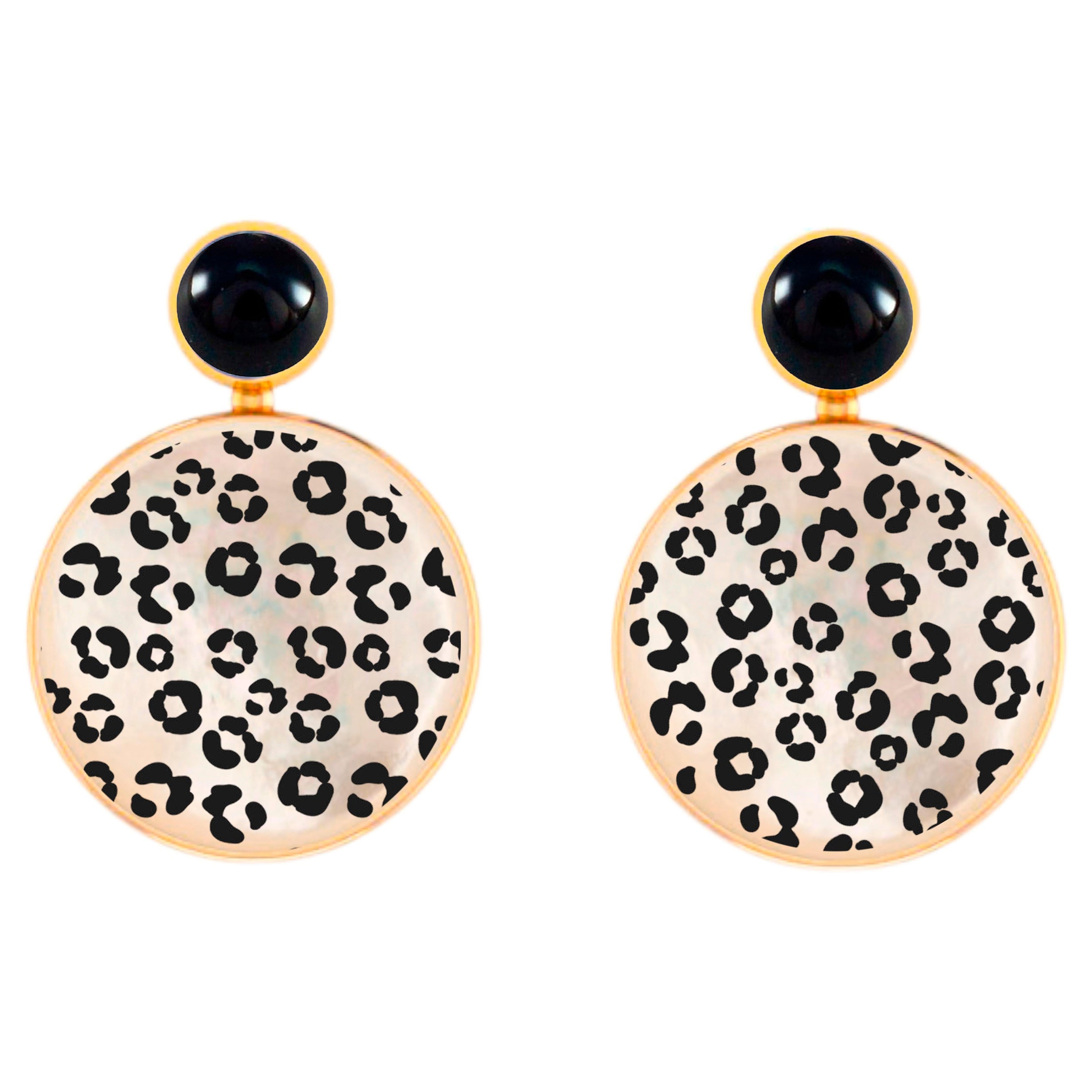 Boucles d'oreilles léopard noir et blanc avec onyx et nacre en vente