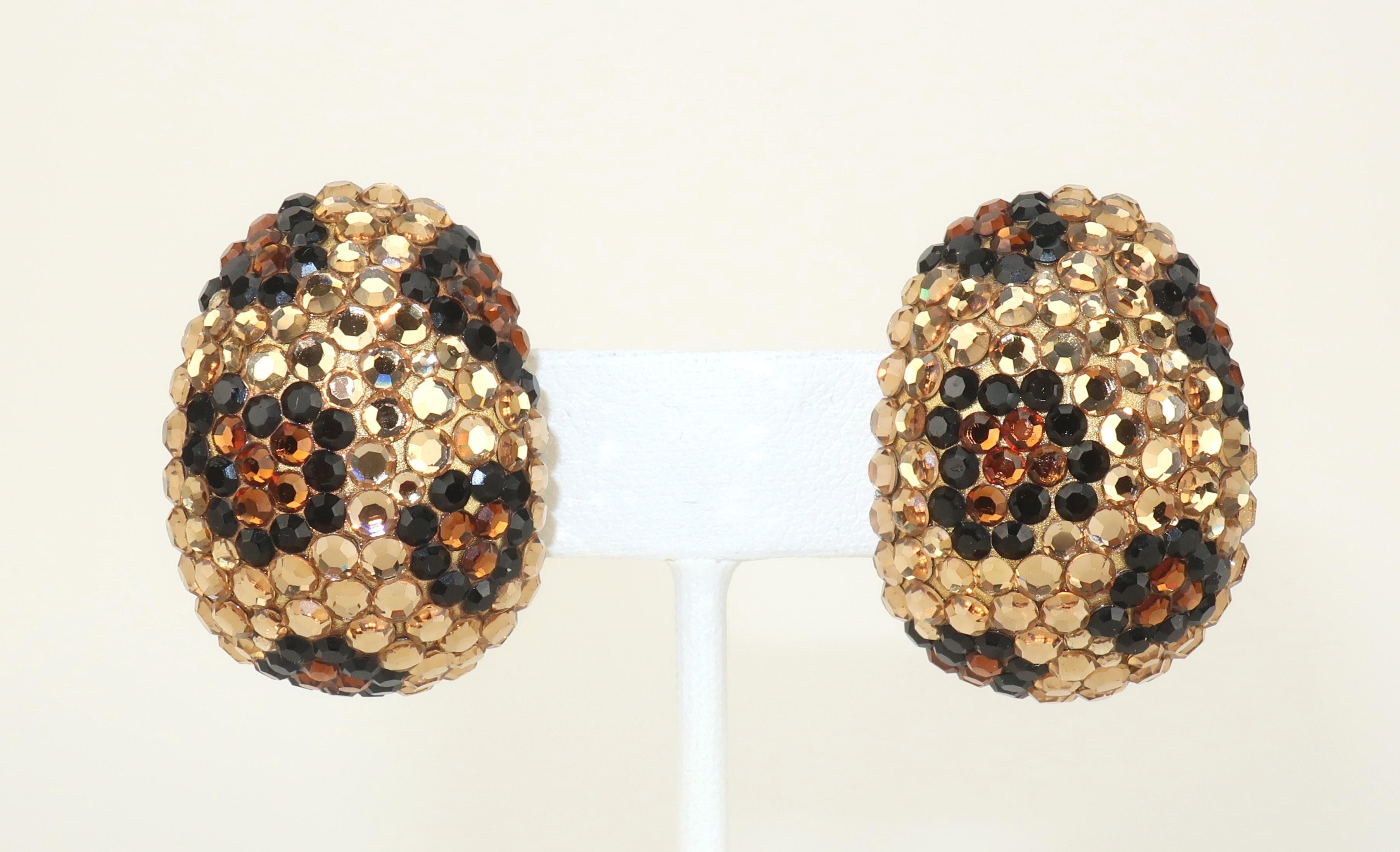 Modern Leopard Pave Crystal Clip On Earrings, 1980’s