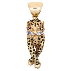 Leopard Pendant Vintage 18k Yellow Gold Diamond Ruby Eyes Black Enamel Animal