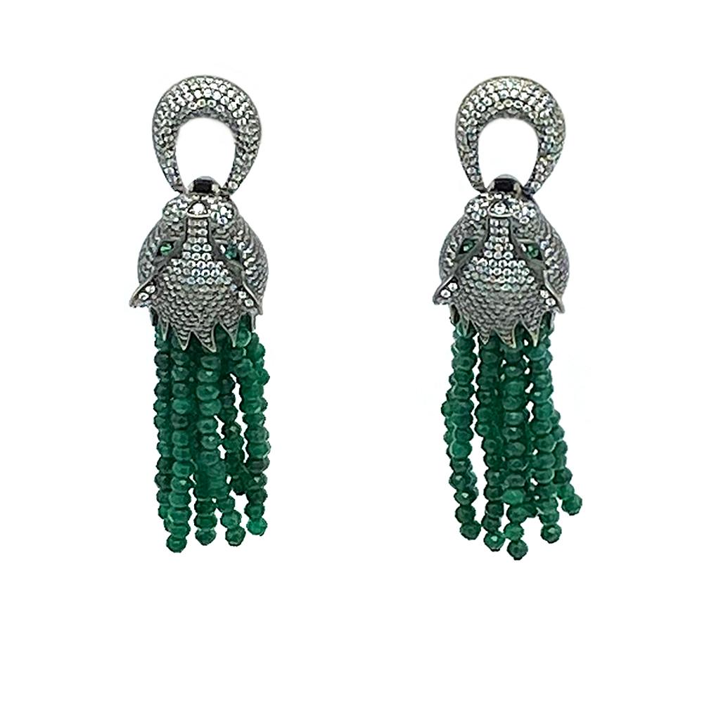 Art Deco Dragon Head Earrings with Emerald Tassel For Sale