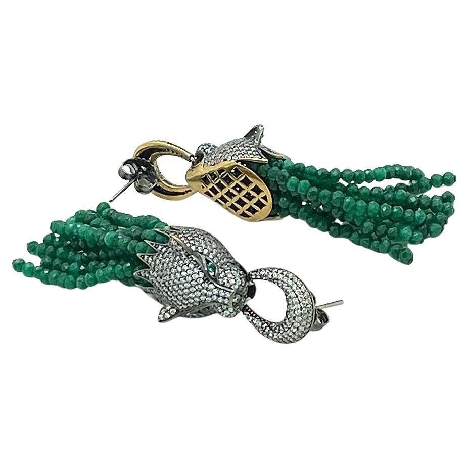 Bead Dragon Head Earrings with Emerald Tassel For Sale