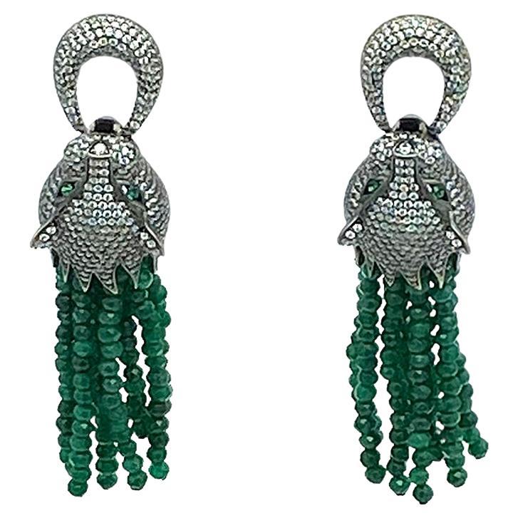 Dragon Head Earrings with Emerald Tassel For Sale