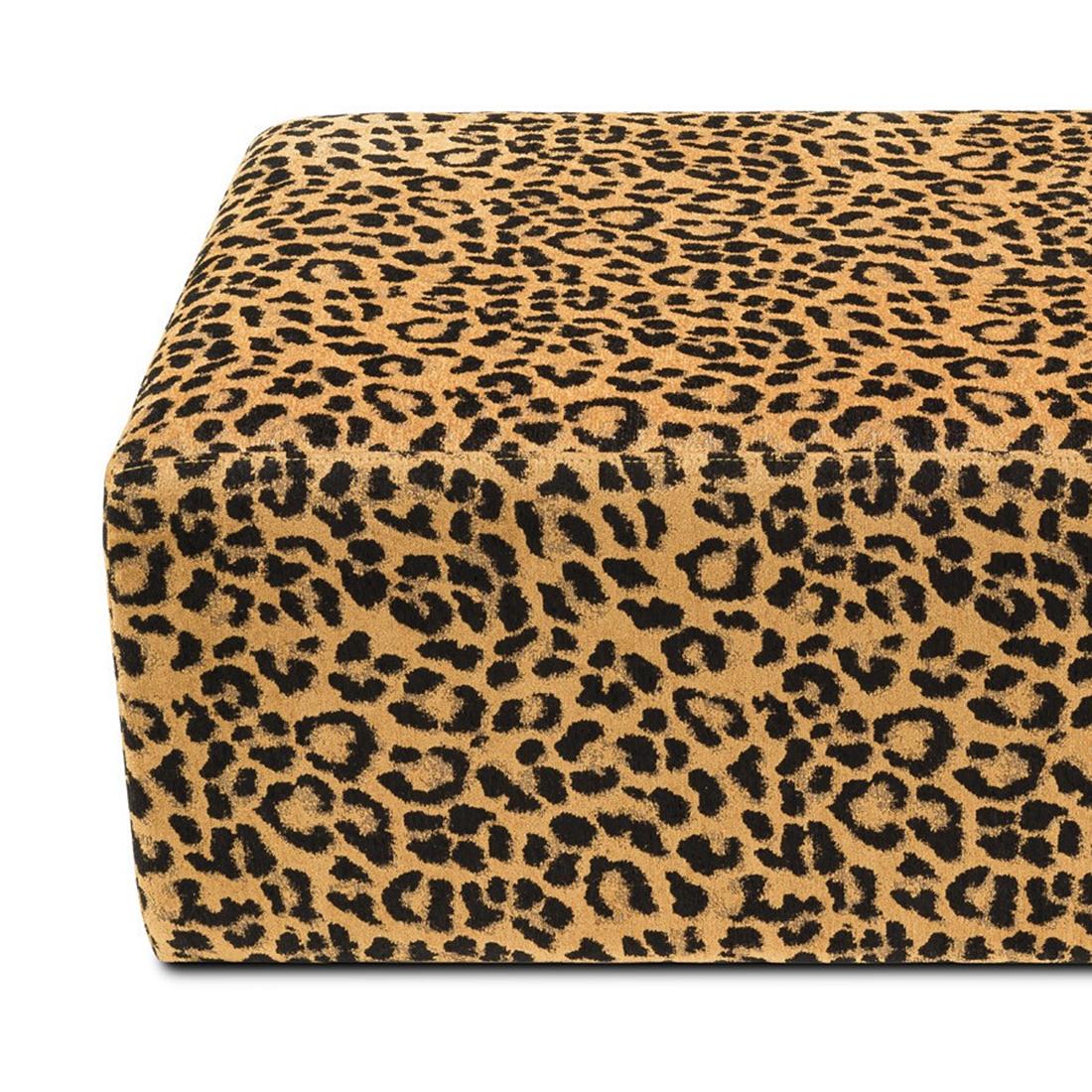 Pouf Leopard mit Holzstruktur. Gepolstert 
und mit glattem Samt-Leopardenstoff überzogen.
Auch mit schwarzem Samtstoff erhältlich.
 