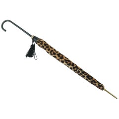 Vintage Leopard Print Black Leather Handled Umbrella, 1960's