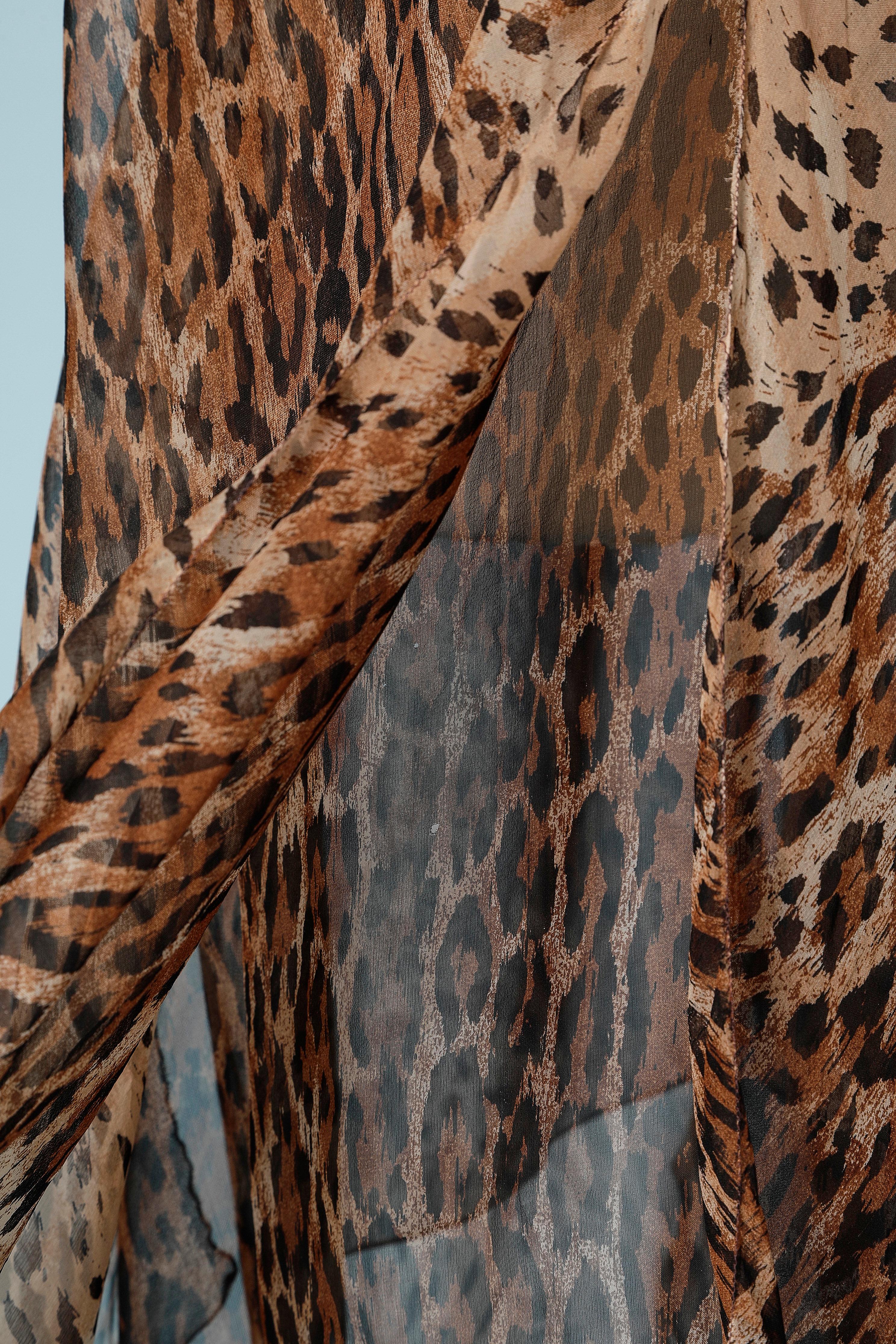 Brown Leopard print chiffon dress with bows on shoulders Loris Azzaro Circa 1970 