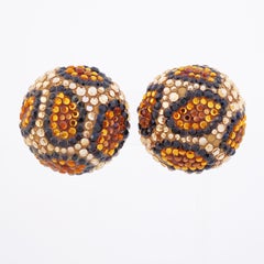 Leopard Print Crystal Encrusted Dome Earrings By Richard Kerr, 1980s