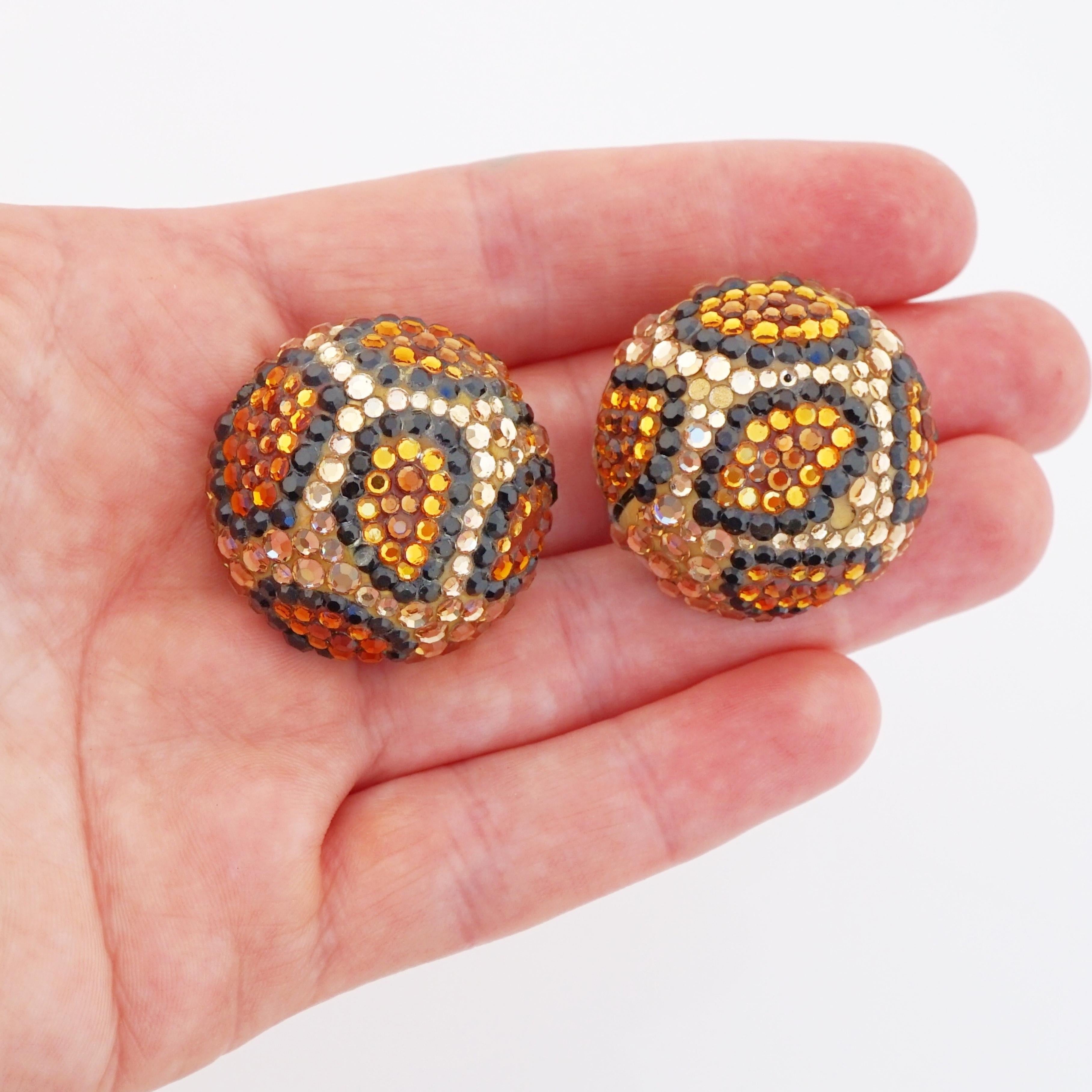 Leopard Print Crystal Encrusted Dome Earrings By Richard Kerr, 1980s For Sale 1