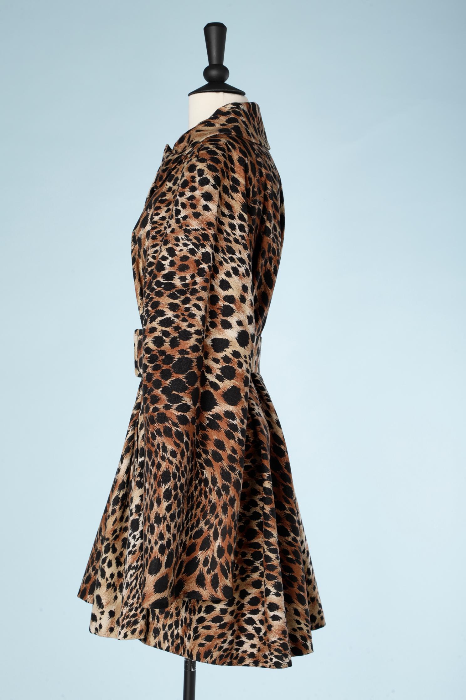 Black Leopard print faux suede trench coat Travilla  For Sale