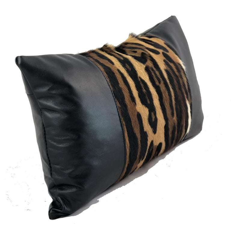Leopard Print Lumbar Pillow with Black Leather For Sale at 1stDibs