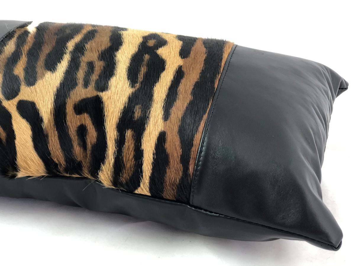 Hollywood Regency Leopard Print Lumbar Pillow with Black Leather For Sale