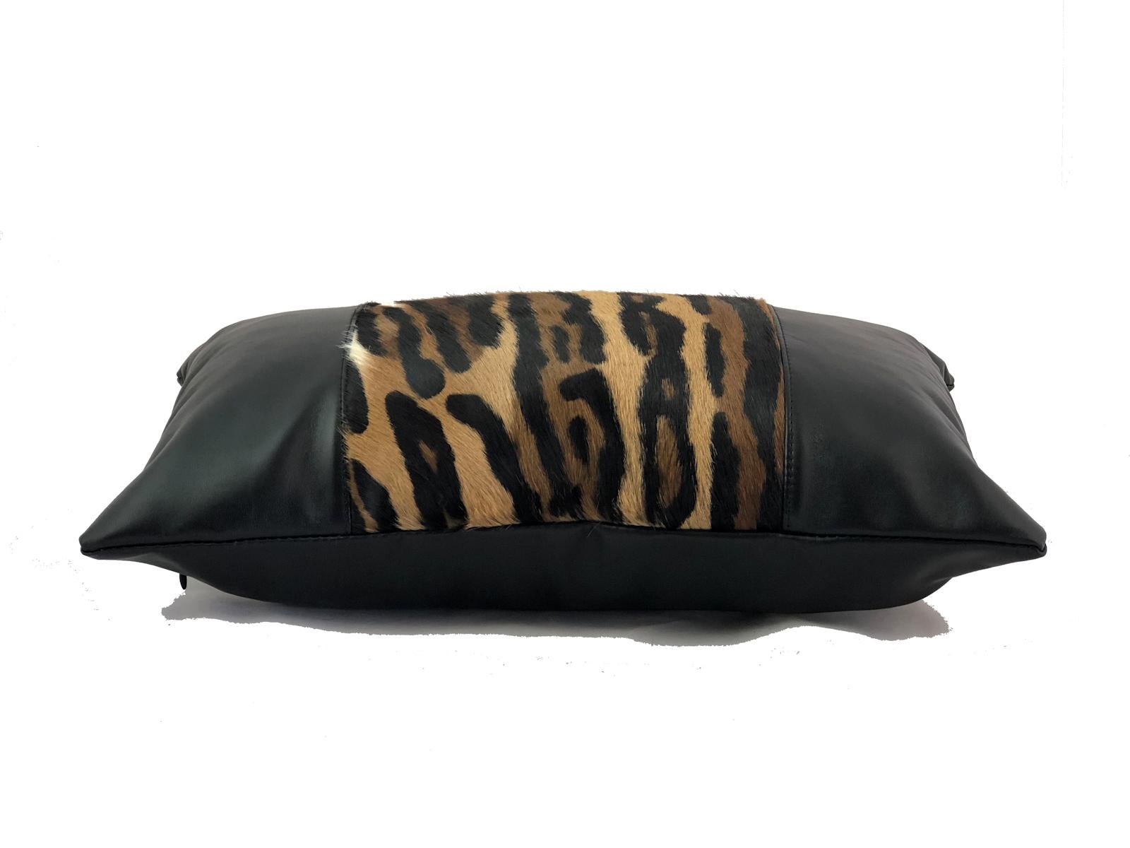 Australian Leopard Print Lumbar Pillow with Black Leather For Sale