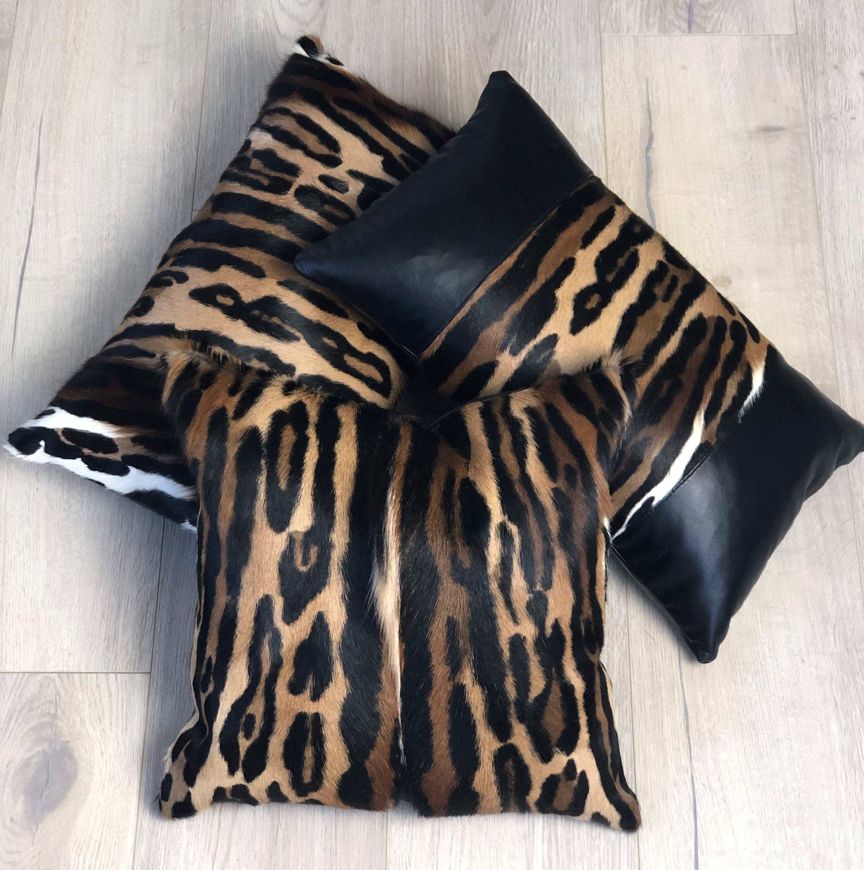Leopard Print Lumbar Pillow with Black Leather In New Condition For Sale In Dural, AU