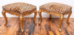 Leopard Print Italian Florentine Wood Benches, Pair