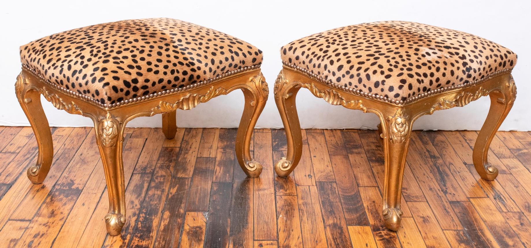 Leopard Print Italian Florentine Wood Benches, Pair In Good Condition In New York, NY