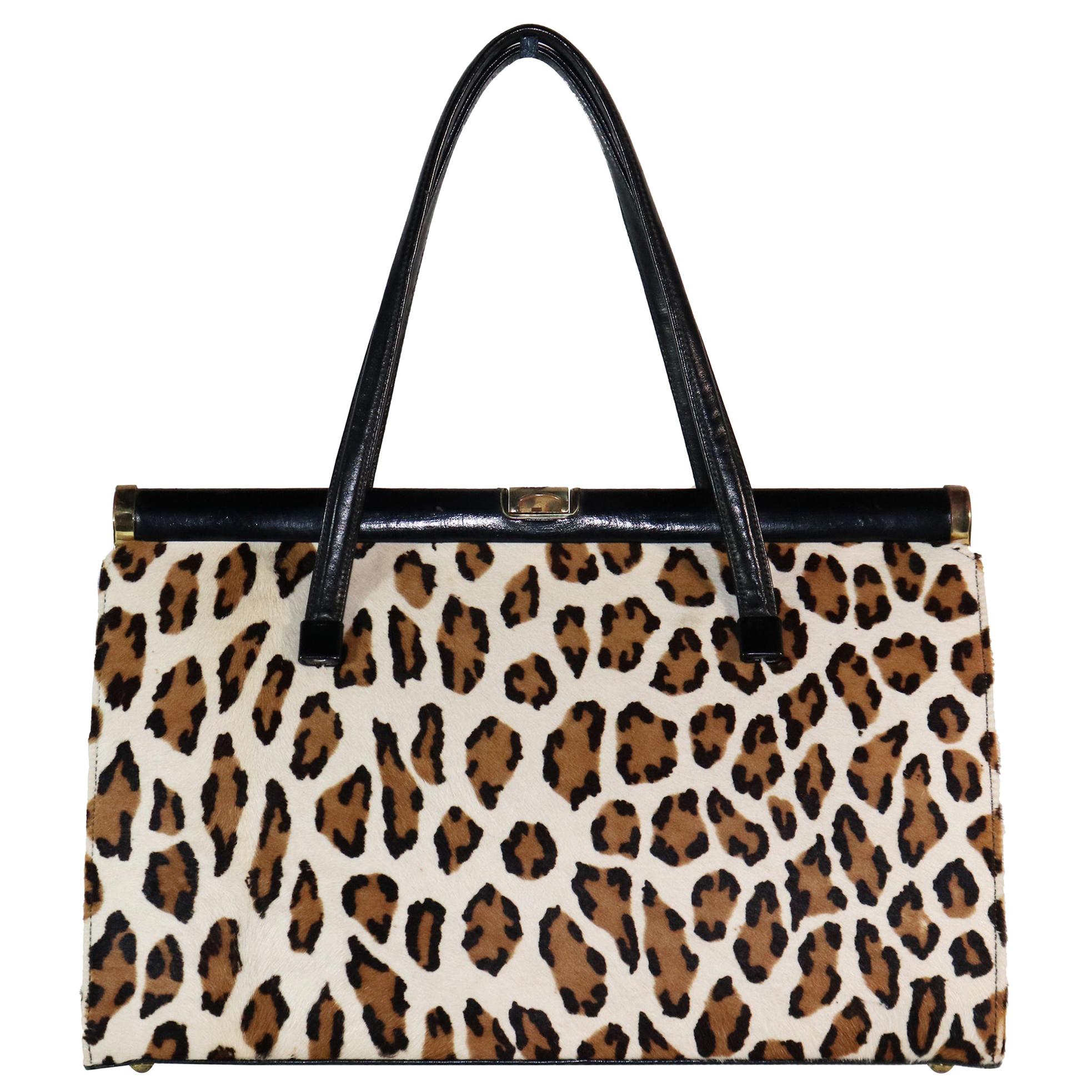 Saks Saks Fifth Ave Leopard-Motiv Stenciled Pony-Hair Handtaschenriemen Circa 1960er