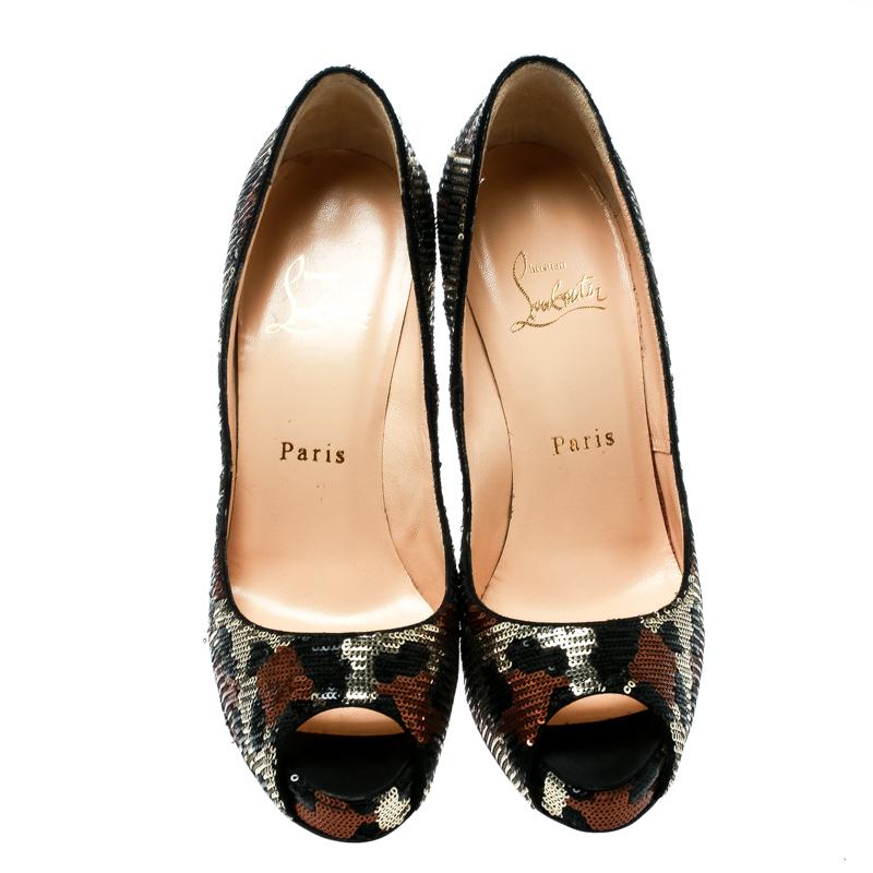 Women's Leopard Print Sequin Paillettes Very Prive Peep Toe Pumps Size 36.5