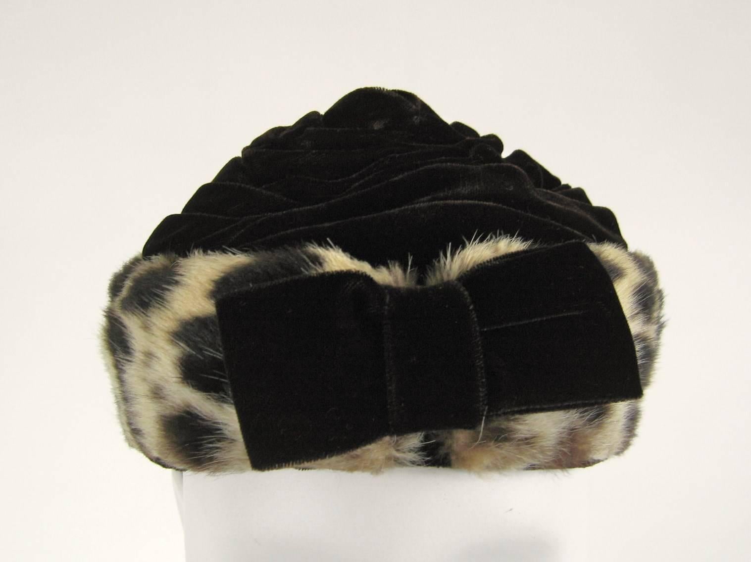 Leopard Print Sheared Mink Velvet Hat Van Dee California 1960s In Good Condition For Sale In Wallkill, NY
