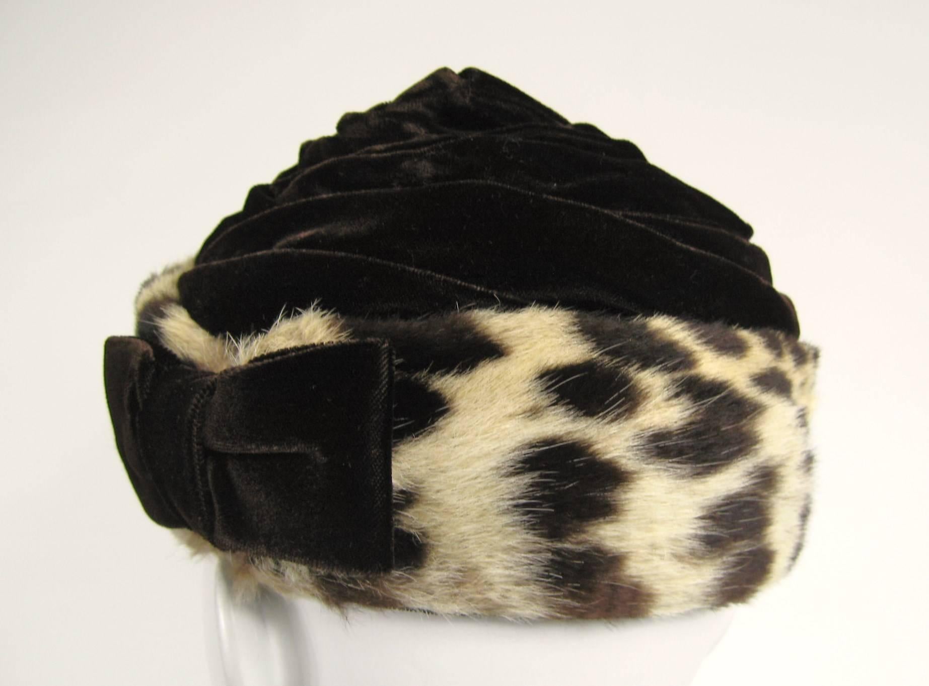 Leopard Print Sheared Mink Velvet Hat Van Dee California 1960s For Sale 1