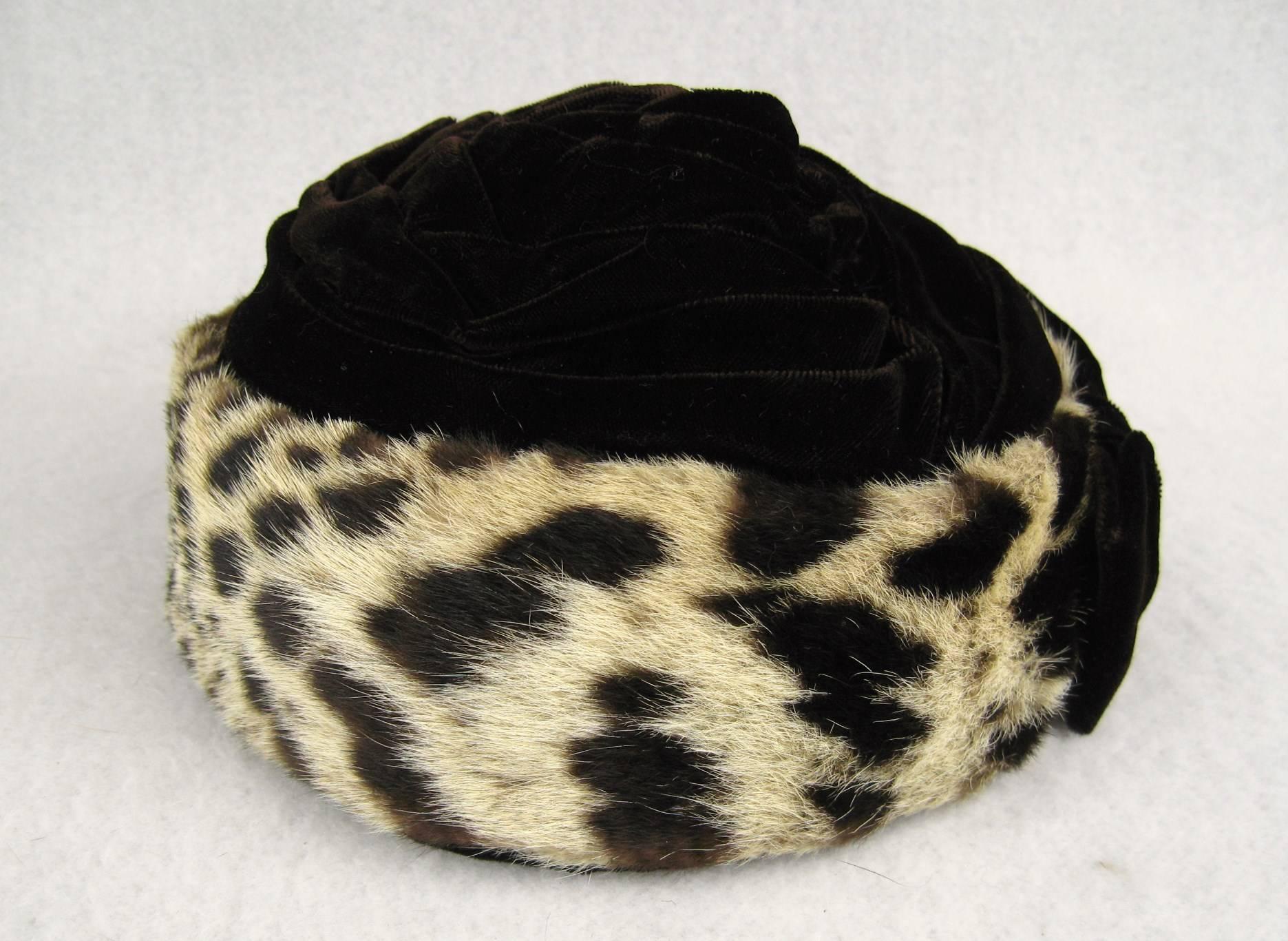 Leopard Print Sheared Mink Velvet Hat Van Dee California 1960s For Sale 3