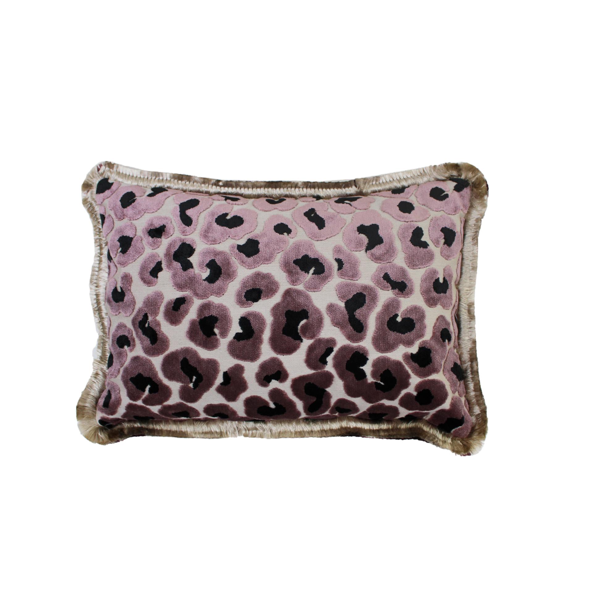 Leopard print velvet cushion in high quality cotton with double black tinsel trim and linen back with invisible zipper.

Every item LA Studio offers is checked by our team of 10 craftsmen in our in-house workshop. Special restoration or reupholstery