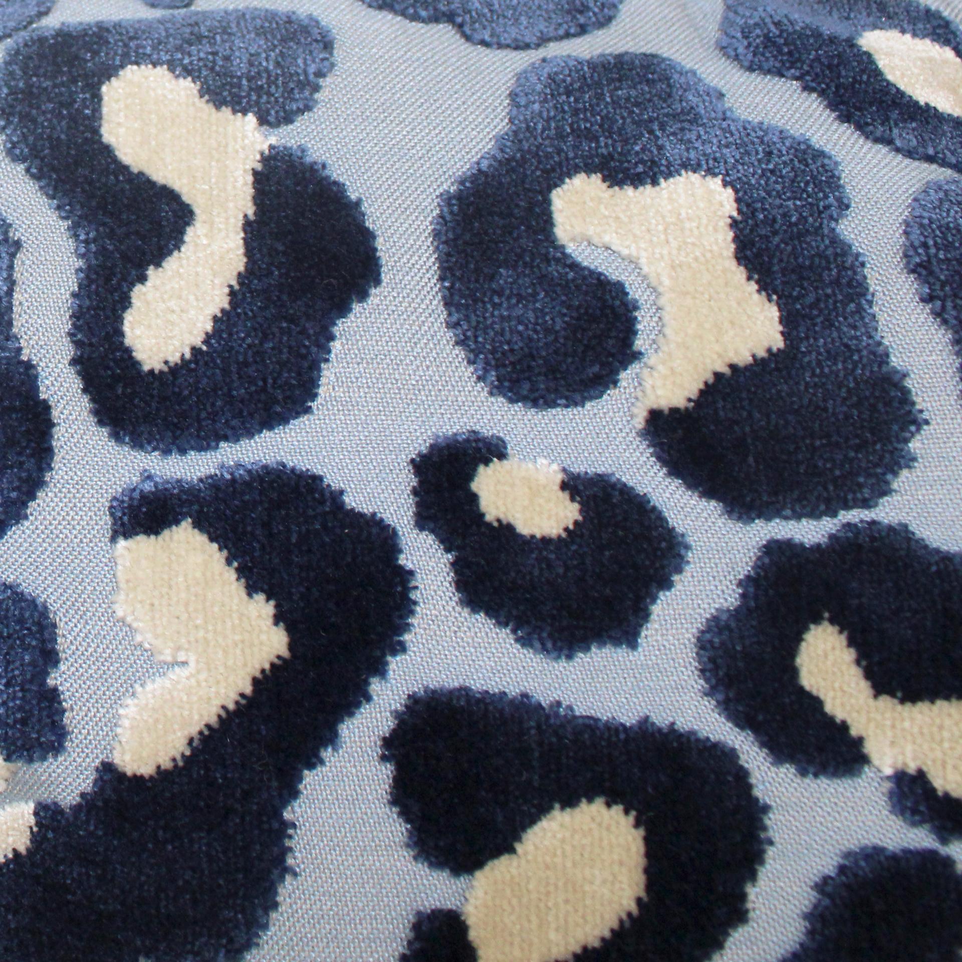 Mid-Century Modern Leopard Print Velvet Cushion in Cotton with Double Tinsel Trim and Linen Back For Sale