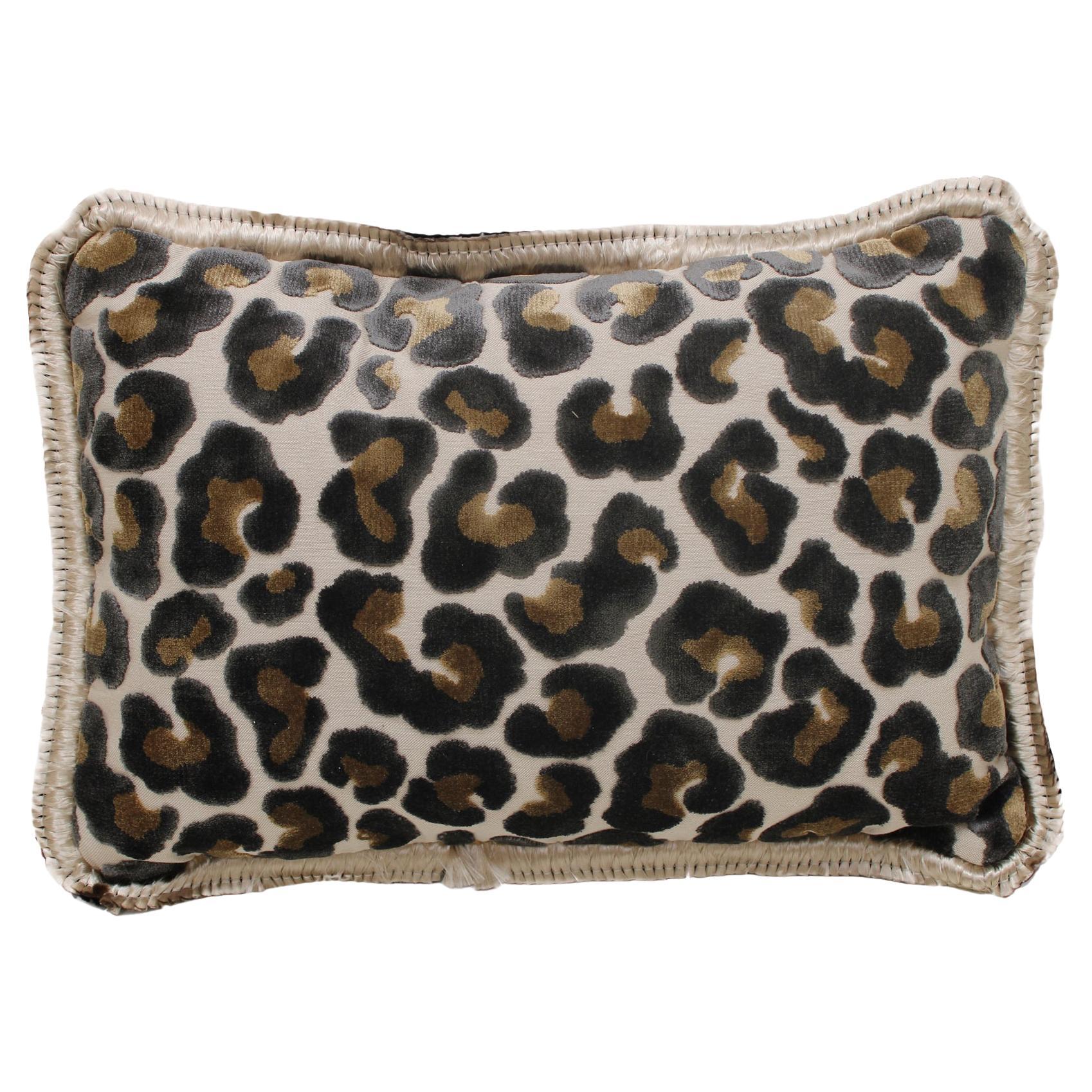 Leopard Print Velvet Cushion in Cotton with Double Tinsel Trim and Linen Back