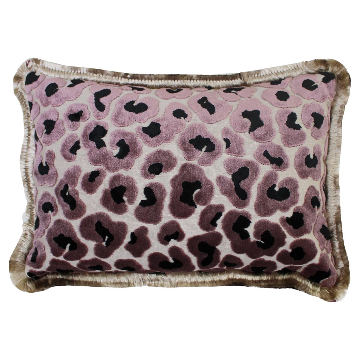 Leopard Print Velvet Cushion in Cotton with Double Tinsel Trim and Linen Back For Sale